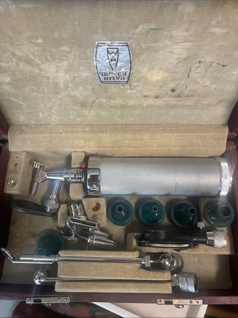 Vintage Diagnostic Otoscope Set with Silver Instrument and Green Specula